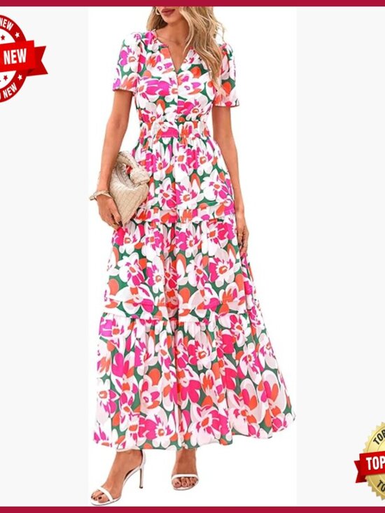 Dresses & Skirts - Boho Maxi Dress with Pockets, V-Neck, Tiered Hem, Summer Casual Beach Vacation
